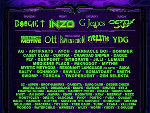 Lineup poster for Sound Haven Music & Arts Festival, presented by Sacred Hive, July 30 to August 2, 2026 at Jaceland in Whitwell, TN. Neon green lettering on a purple sci-fi frame lists Boogie T on Thursday, INZO on Friday, G Jones on Saturday, and Detox Unit on Sunday, with dozens more artists below.