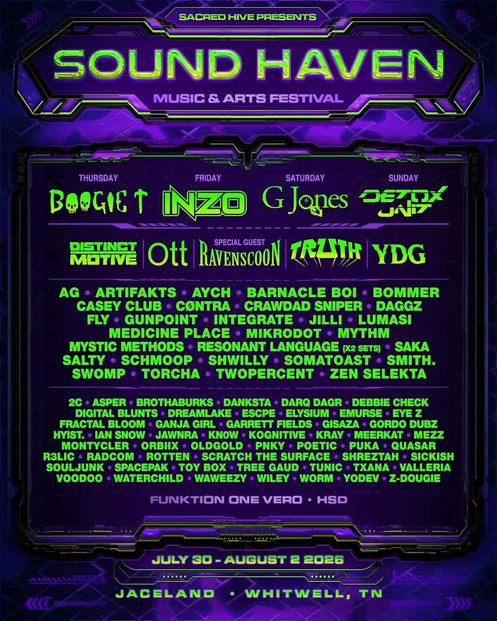 Lineup poster for Sound Haven Music & Arts Festival, presented by Sacred Hive, July 30 to August 2, 2026 at Jaceland in Whitwell, TN. Neon green lettering on a purple sci-fi frame lists Boogie T on Thursday, INZO on Friday, G Jones on Saturday, and Detox Unit on Sunday, with dozens more artists below.