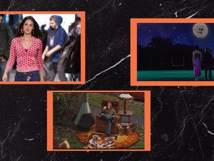 Collage of three film stills in orange frames on a dark marble background: a girl in a pink heart-patterned hoodie walking through a crowded school hallway in Jennifer's Body, two figures standing on a night-time football field under a starry sky and a glowing moon in I Saw the TV Glow, and a person sitting in an armchair on a tiger-print rug on an autumn lawn in Juno.