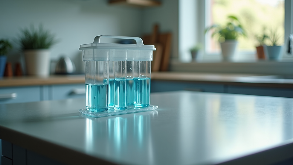 High angle view of a water testing kit on a kitchen table