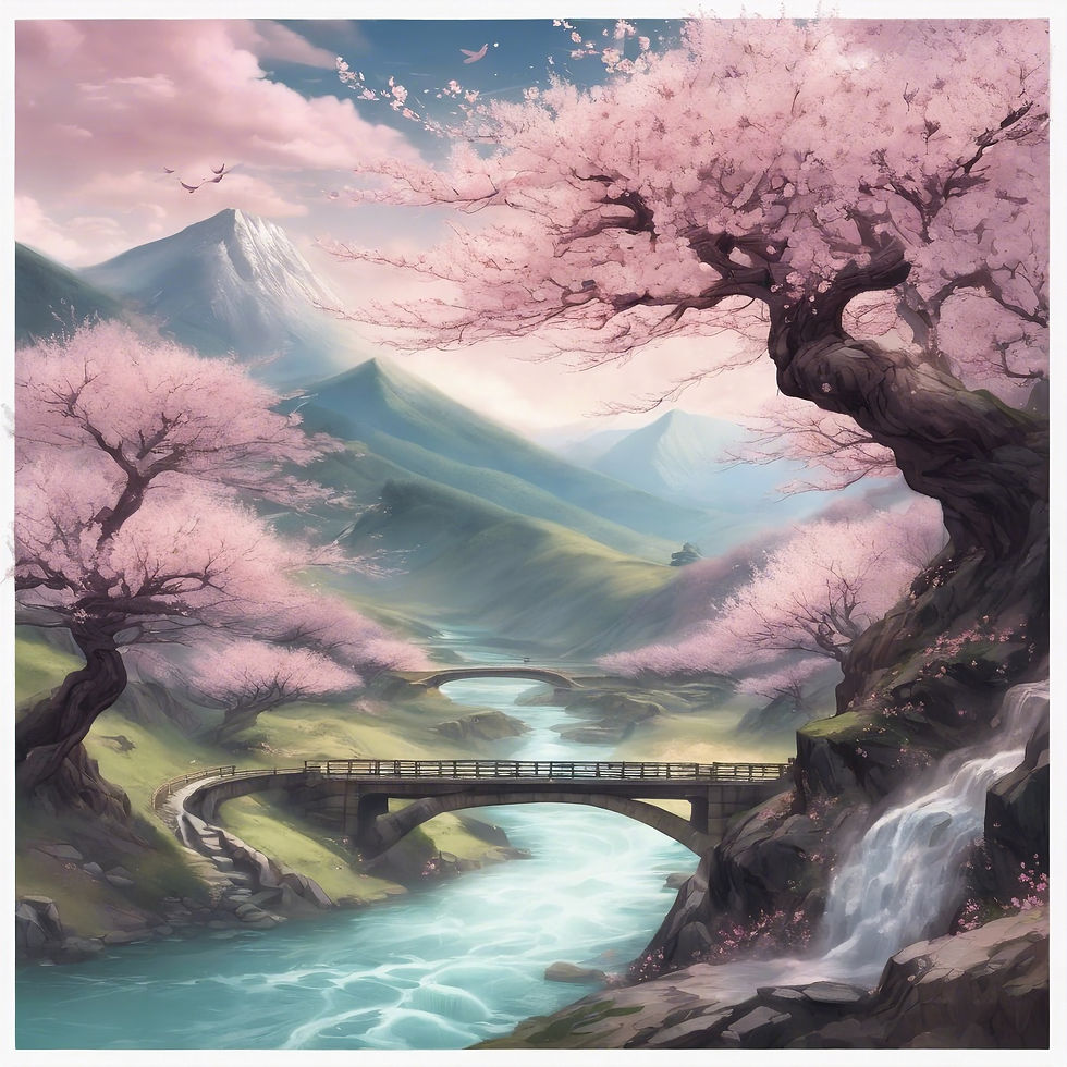 Landscape image of a mountain pass with a giant river flowing through it and budding cherr