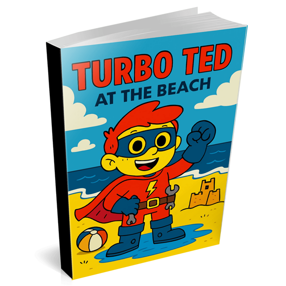 Turbo Ted At The Beach Sand, sun, and seaside fun — Turbo Ted’s shovel saves the day!