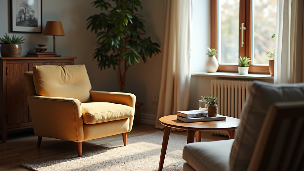 Eye-level view of a cozy living room with a comfortable armchair and a small table