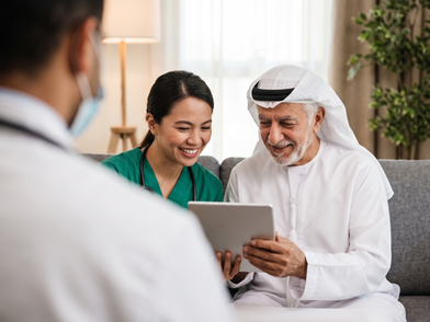 Emirates Home Care doctor and nurse at the home of a patient who is an elderly UAE national.
