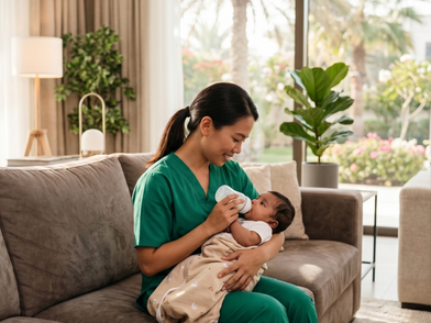 EHC Nurse taking care of a new born baby at the comfort of the family's home in Abu Dhabi.