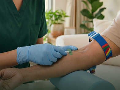 Nurse collection blood sample for labtest from the patient at their home in Abu Dhabi.