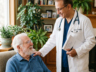 Doctor visiting the home of an elderly man in Abu Dhabi for medical consultation.