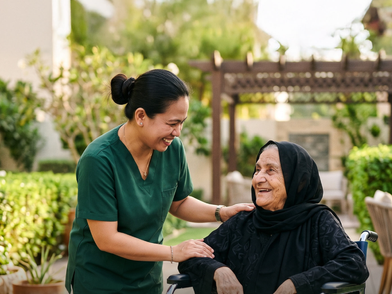 Caregiver taking care of elderly woman at their home in Abu Dhabi.