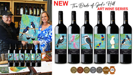 NOW AVAILABLE. NEW ART WINE SERIES, "The Bird's of God Hill Wines." Labels feature Miranda Lloyds artworks. Click image for more information.