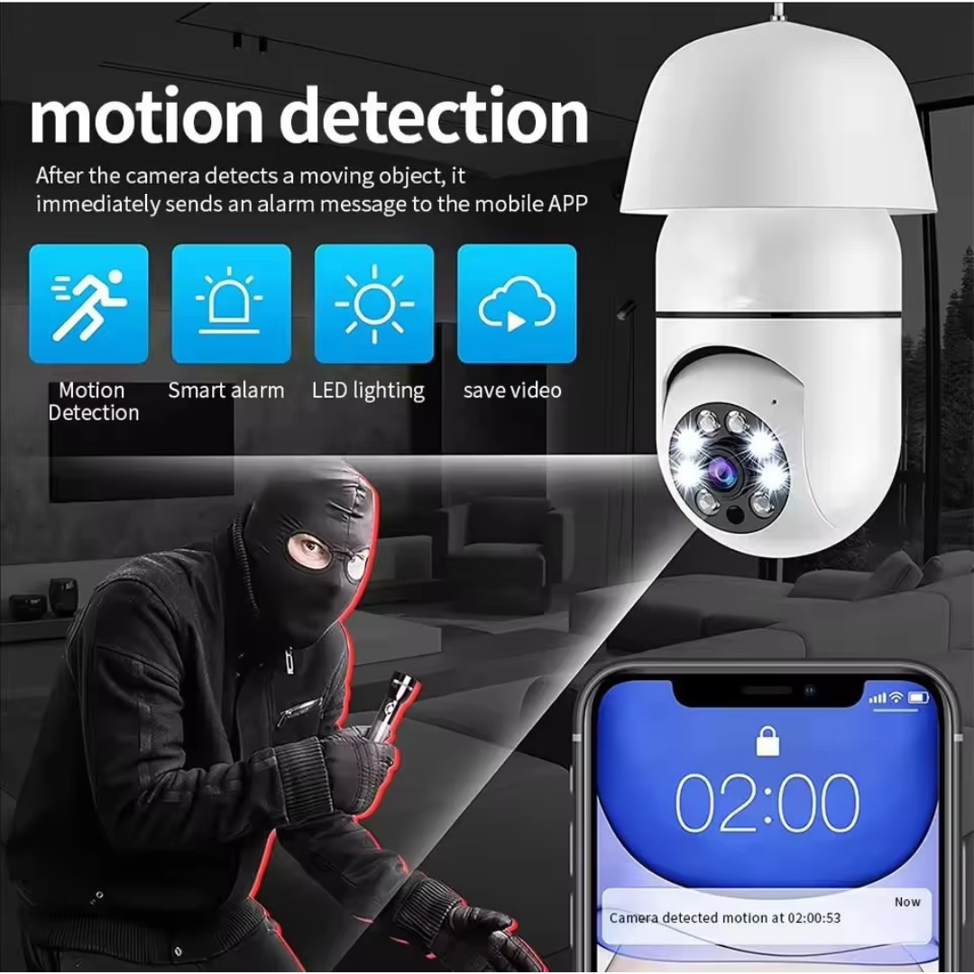 Cámara de Seguridad Exterior con Bombilla E27, Visión Nocturna Automática