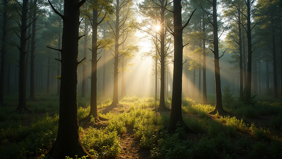 High angle view of a forest with sunlight filtering through the trees