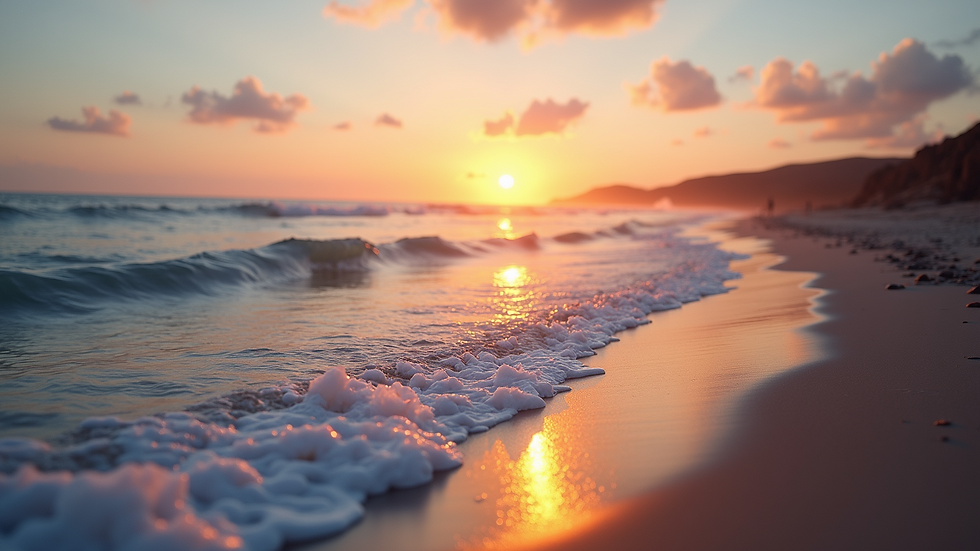 High angle view of a calm beach with gentle waves at sunset