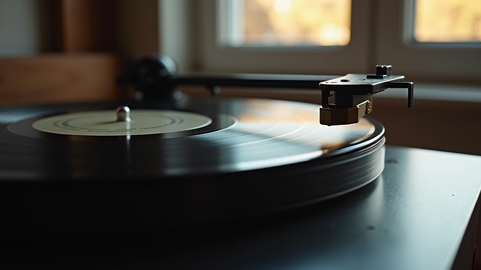 High angle view of a vinyl record player with a spinning record