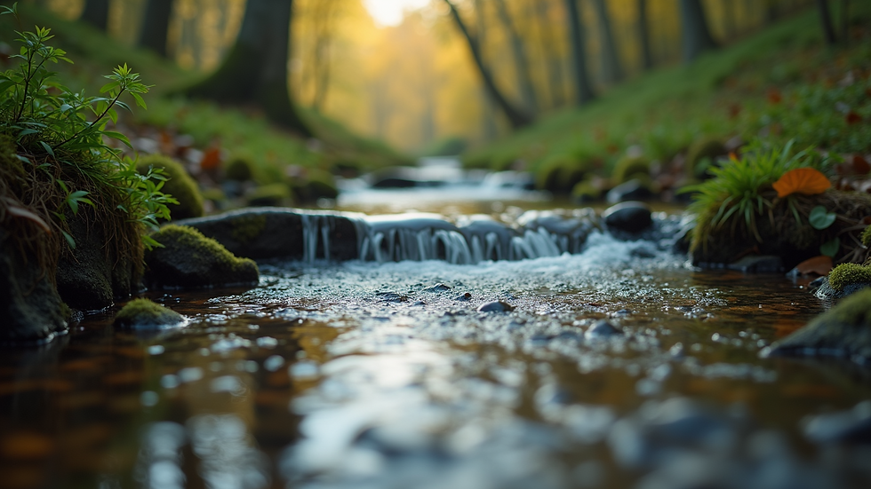 Close-up view of a tranquil natural stream in a wooded area