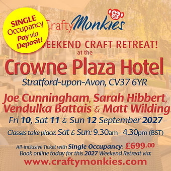 Ticket graphic promoting the CraftyMonkies Weekend Craft Retreat in Stratford-upon-Avon in September 2027