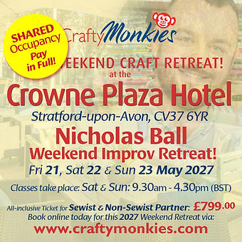 Ticket graphic promoting the CraftyMonkies Weekend Craft Retreat in Stratford-upon-Avon, with Nicholas Ball, in May 2027