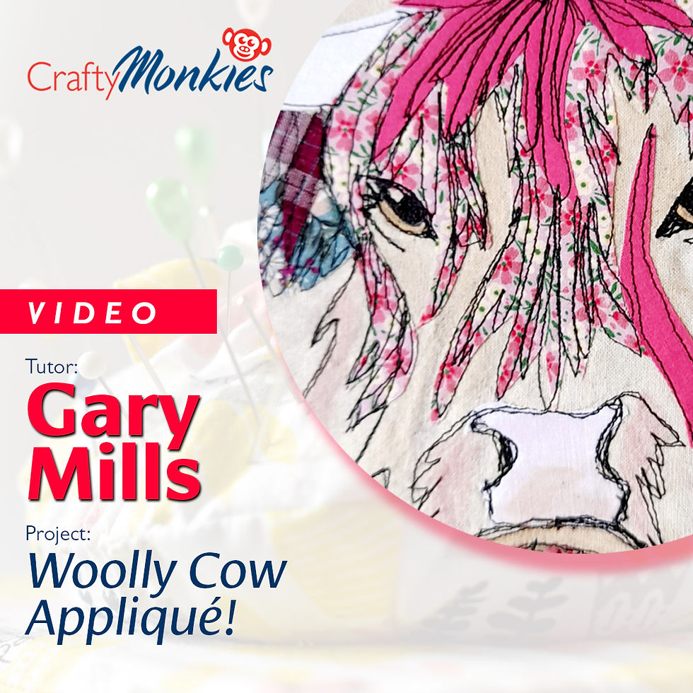 Front cover of video promoting the Woolly Cow Appliqué workshop by craft expert Gary Mills