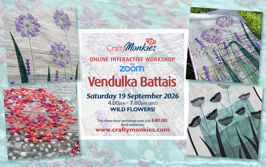 Graphic promoting the CraftyMonkies Online Interactive Workshop with Vendulka Battais entitled Wild Flowers!