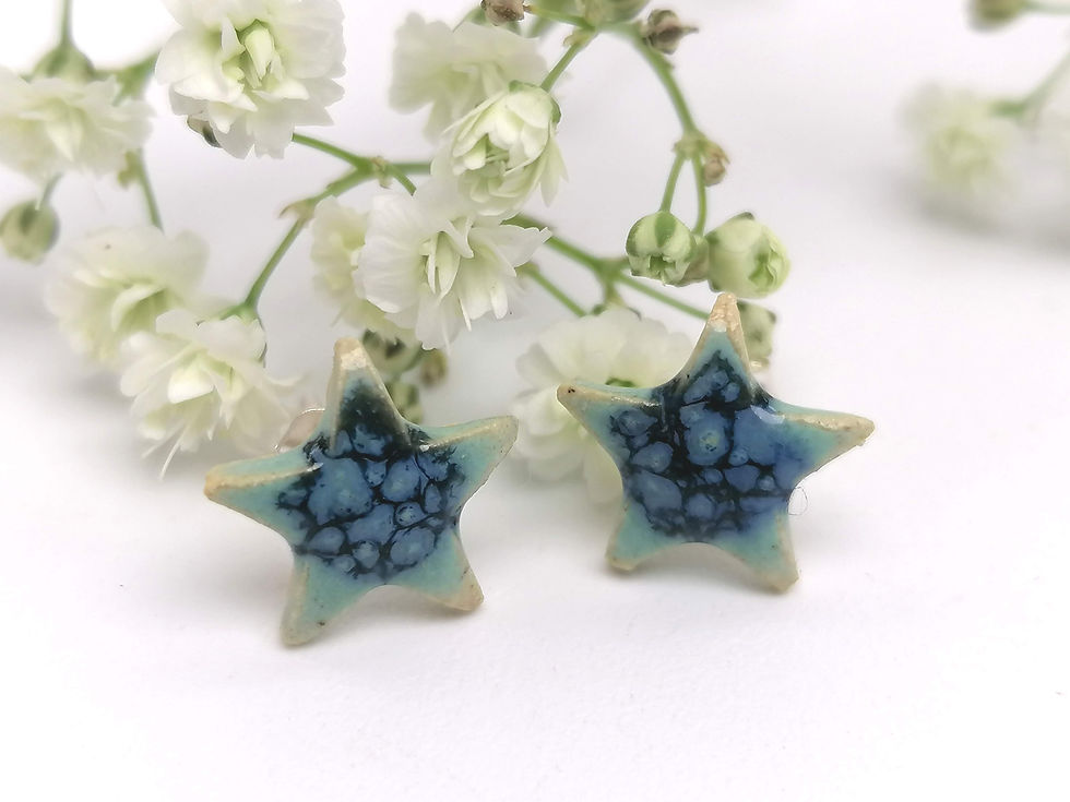 Thumbnail: Small Stud Clay Pottery Star Blue Turquoise Sterling Sliver Star Earrings