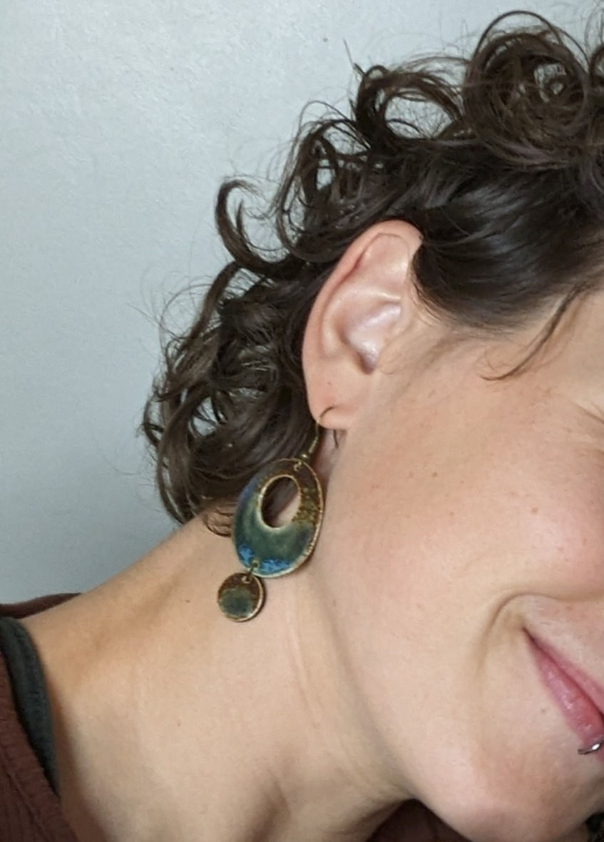 Thumbnail: Large Green Ceramic Dangly Statement Pottery handmade Earring.