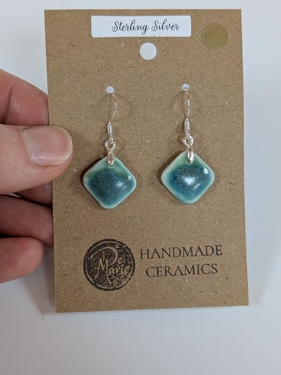 Thumbnail: Green Porcelain and sterling silver diamond shaped handmade earrings