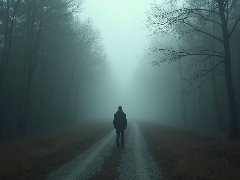 A solitary figure walking down a foggy forest path at the threshold between phases of spiritual awakening