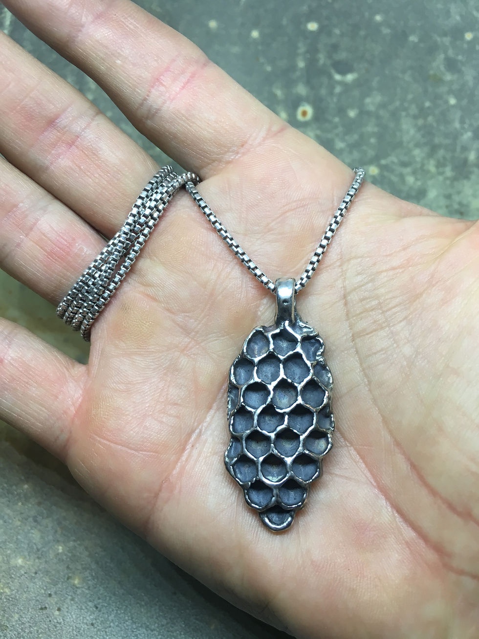 Thumbnail: Sterling Silver Lg Honeycomb pendent on deerskin, chain sold separately 