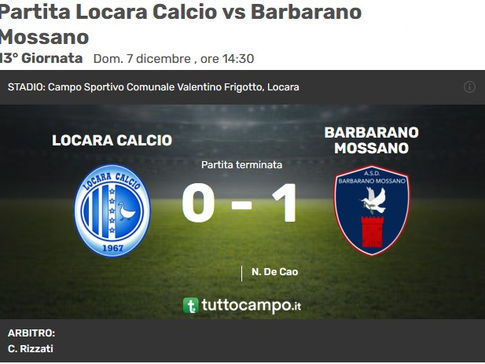 Campionato 2^cat.gir.D 13^giornata (7 Dic.'25)Locara Calcio: 0Barbarano Mossano: 1