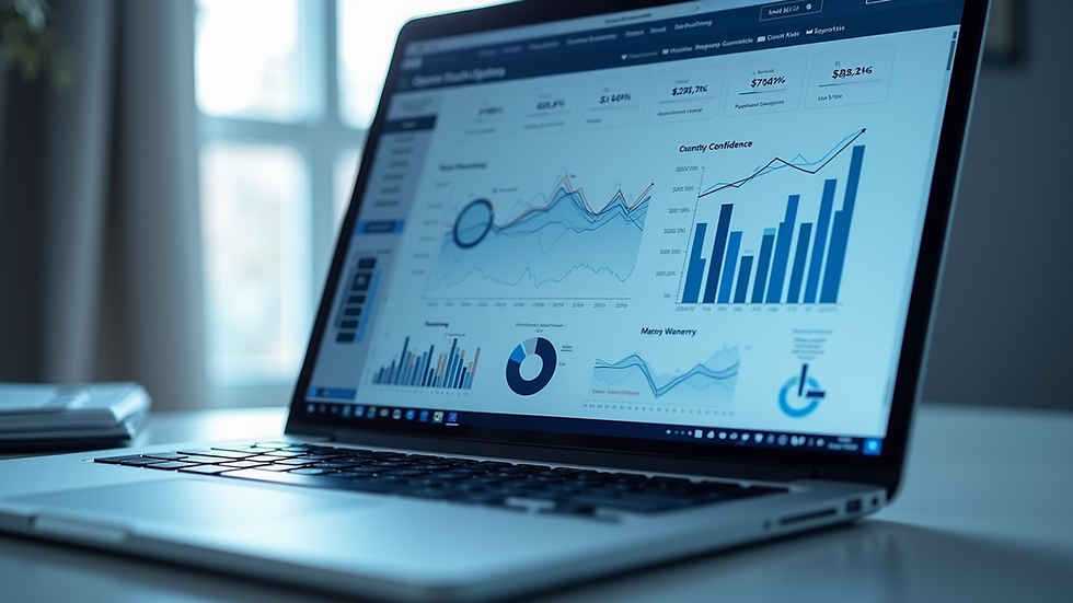 Eye-level view of a laptop displaying financial graphs and charts