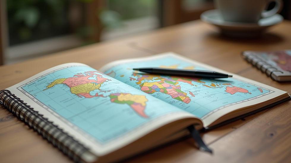 Eye-level view of a traveler’s notebook with a map and pen on a wooden table