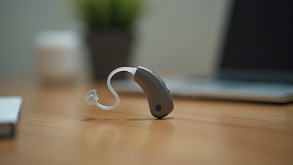 Close-up view of a hearing aid on a wooden table