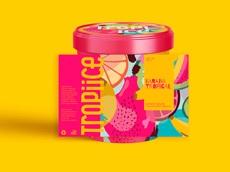 Design of labels for natural ice creams made with tropical fruits.