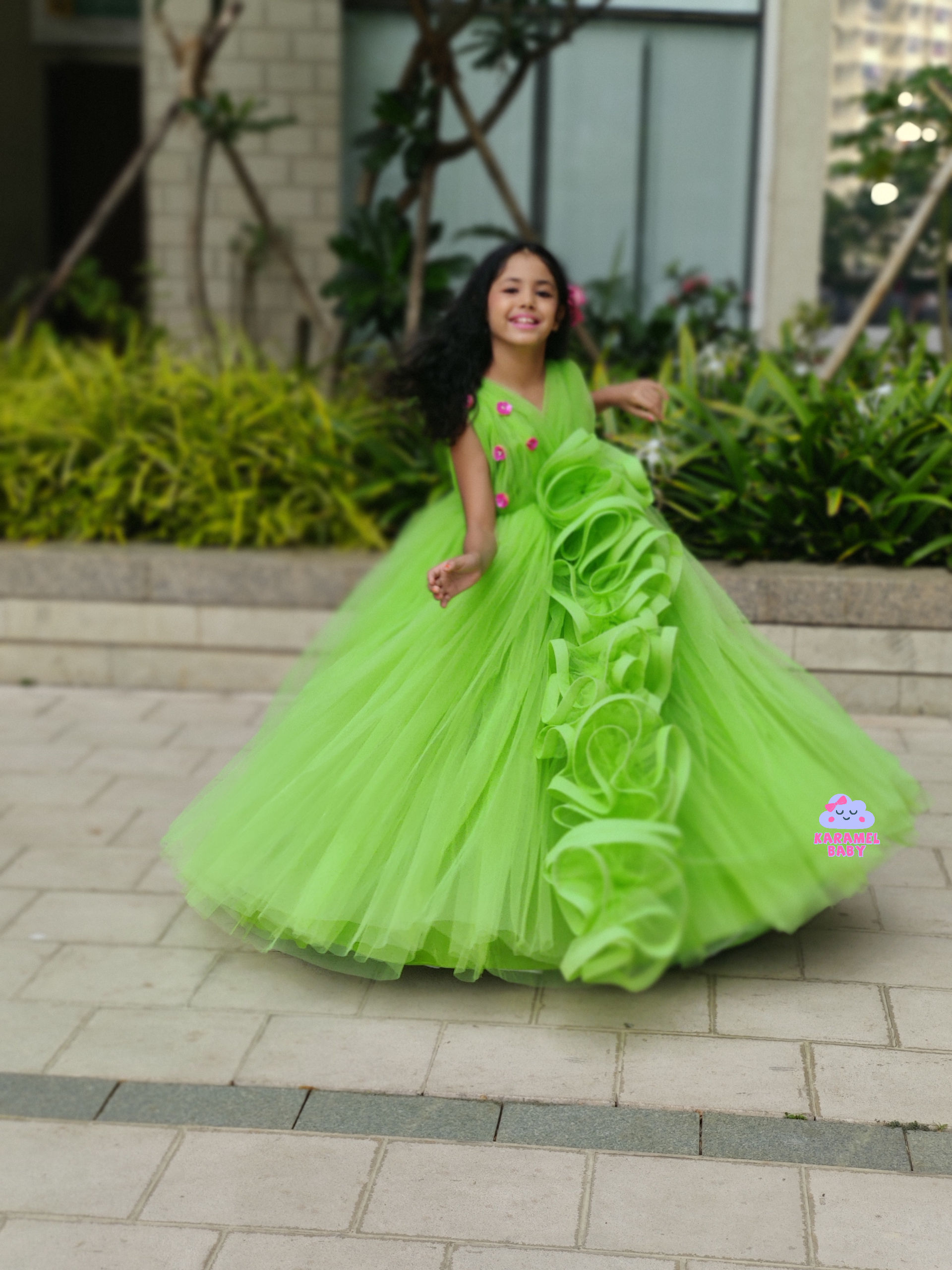 GREEN RUFFLED BALL GOWN