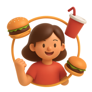 Personagem 3D com hambúrgueres e refrigerante da FunBurgers.