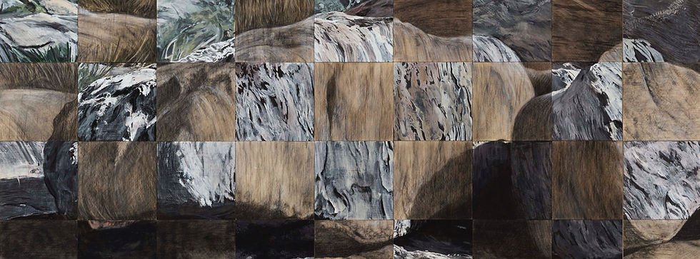 Heloise Roberts Moira Fearby_Navigating the Familiar(detail)_2026_Conte and Enamel Paint o