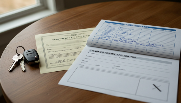 Close-up of a birth certificate, driving log, and learner permit application arranged on a kitchen table