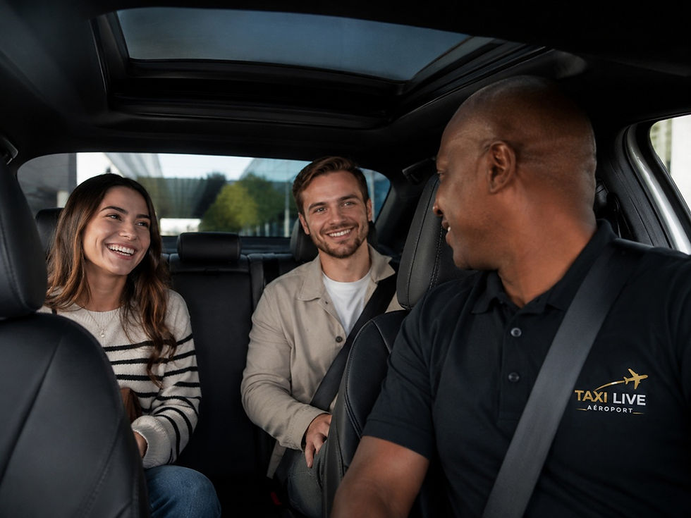 Un chauffeur de Taxi Live Aéroport en train de discuter avec son couple de clients dans son véhicule propre, juste avant d'entamer leur trajet en direction de l'aéroport Montréal-Trudeau.