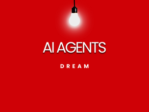 A red background with a glowing white light bulb hanging from the top. Below the bulb, the bold white text reads "AI AGENTS," with "DREAM" written underneath in a smaller font. The design gives a futuristic and thought-provoking feel, symbolizing innovation and the beginning of AI-driven possibilities.