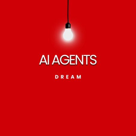 A red background with a glowing white light bulb hanging from the top. Below the bulb, the bold white text reads "AI AGENTS," with "DREAM" written underneath in a smaller font. The design gives a futuristic and thought-provoking feel, symbolizing innovation and the beginning of AI-driven possibilities.