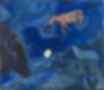 A mainly blue artwork depicting a farmhouse