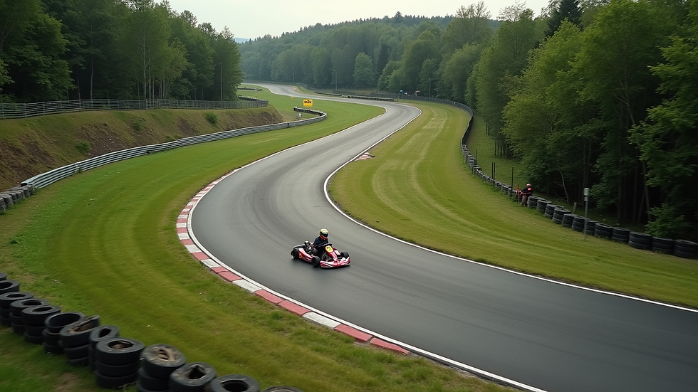 High angle view of a winding outdoor karting track surrounded by greenery