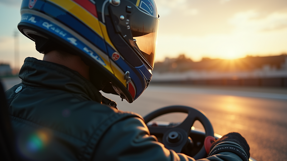 Close-up view of a kart driver wearing a helmet preparing for a race