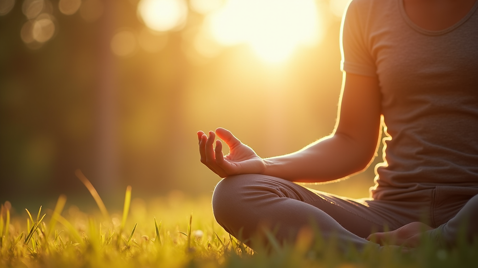 Close-up view of a person meditating outdoors with soft sunlight