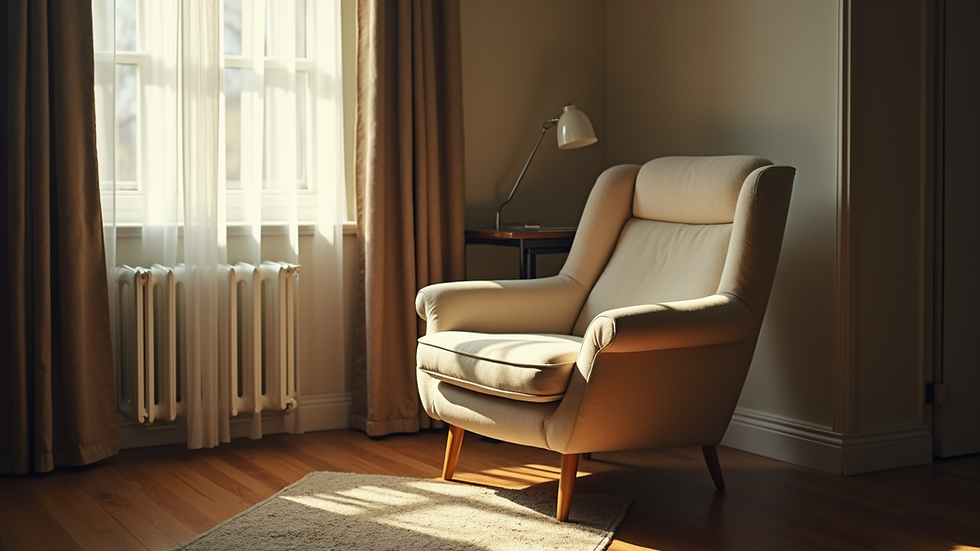 Eye-level view of a quiet room with a comfortable chair and soft lighting