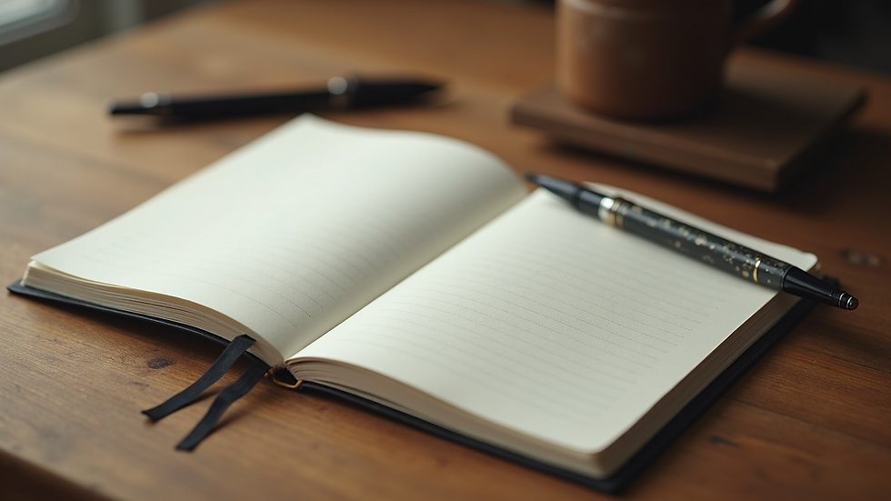 High angle view of a journal and pen on a wooden table