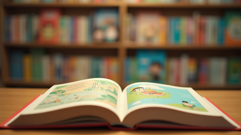 Eye-level view of a colorful animated book display