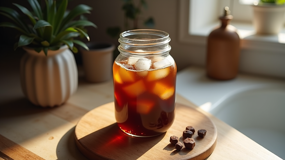 High angle view of a cold brew coffee jar with ice cubes on a kitchen counter