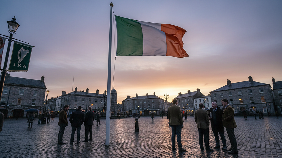 Low-angle view of the Irish flag flying near a quiet town square after a public gathering.