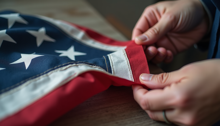 Close-up view of hands folding an American flag into a triangle