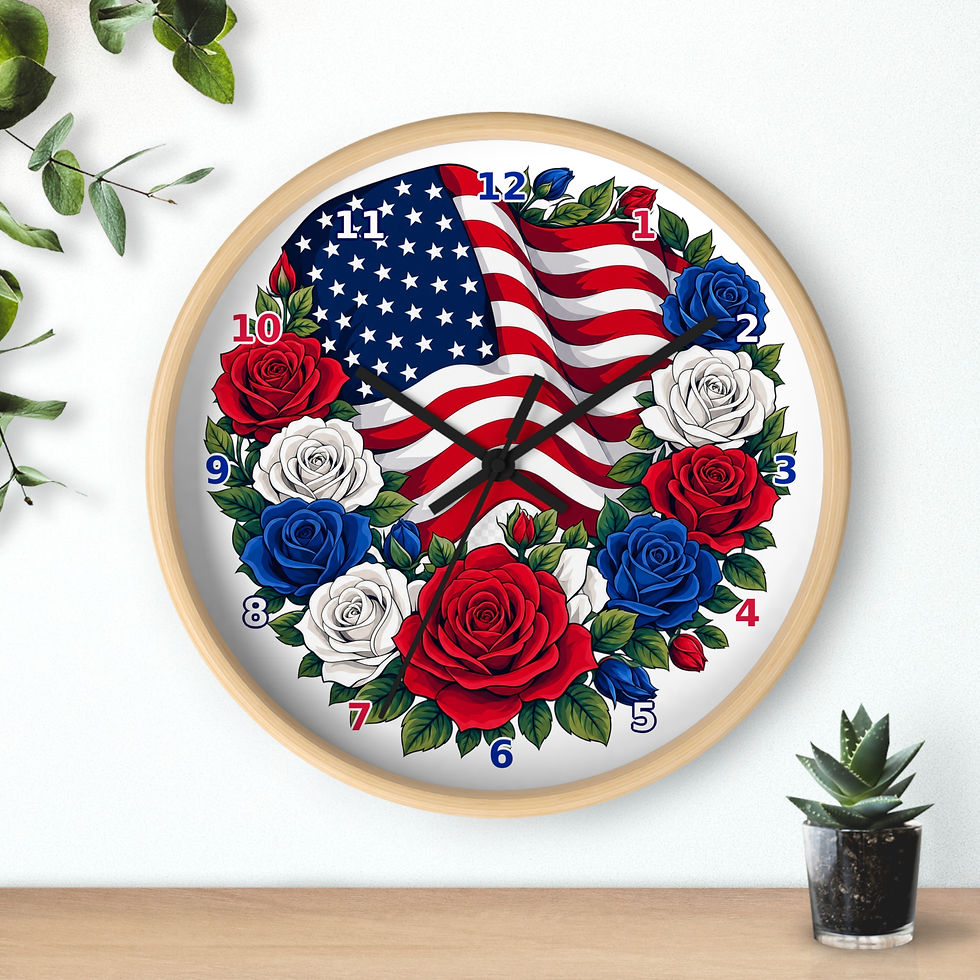 Thumbnail: Patriotic American Flag Wall Clock with Red White Blue Roses 